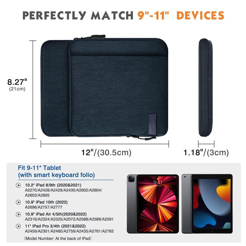 MoKo 9-11 Inch Tablet Sleeve Bag Carrying Case with Storage Pockets Fits New 11-inch iPad Pro M4/iPad Air M2 2024, iPad Air 5/4 10.9, iPad Pro 11, iPad 10/9/8th 10.9/10.2, Tab S8/S9 11, Indigo - Image 2